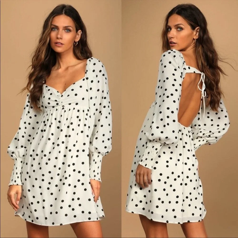 NWOT Lulus Meet Me At Our Spot White Polka Dot Long Sleeve Mini Dress Small - Picture 1 of 13